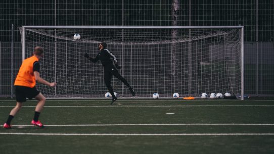 a couple of people on a field with a soccer ball