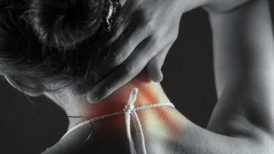 Woman's neck with highlighted pain area.
