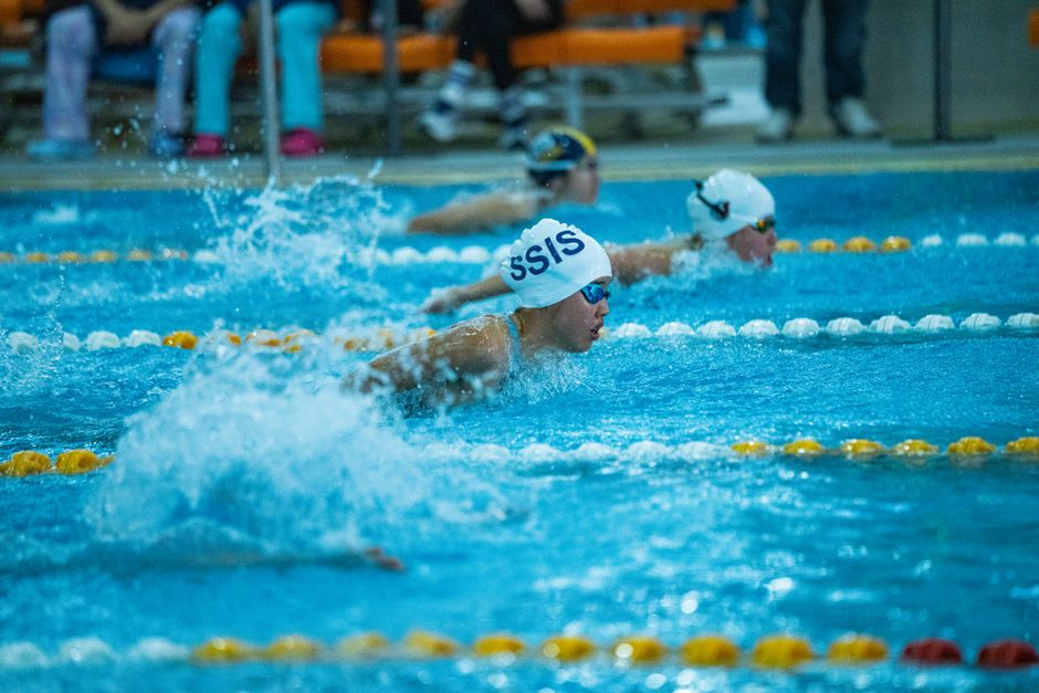 Athletes in a competitive swimming race at an indoor pool.
