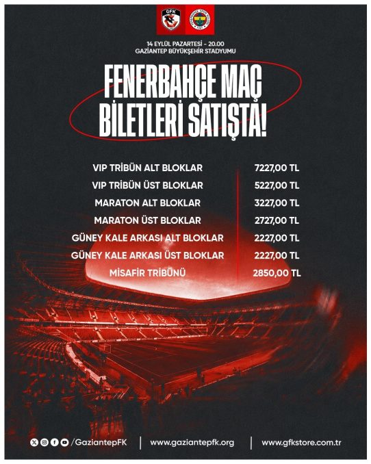Gaziantep FK – Fenerbahçe maçının biletleri satışa çıktı