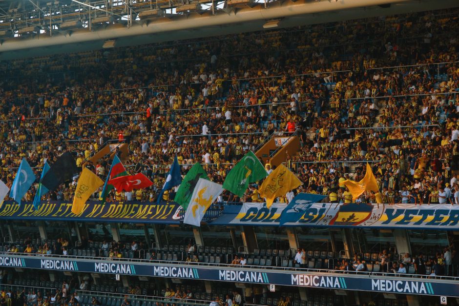Crowd of enthusiastic soccer fans with vibrant flags in a stadium.